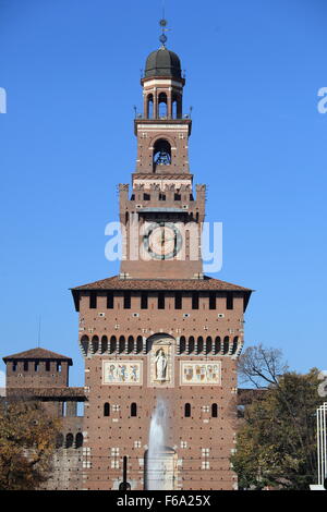 Sforza Castle Milan clock Torre del Filarete Castello Sforzesco Stock Photo