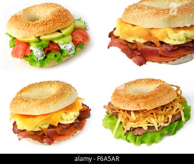 Collage of breakfast bagel sandwiches on white background Stock Photo
