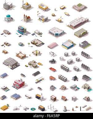 Suburban city buildings isometric set of colourful isolated platforms ...
