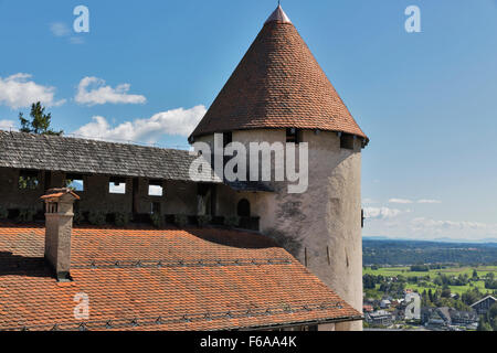 Tower of Bled Castle looking over Bled town, Slovenia Stock Photo