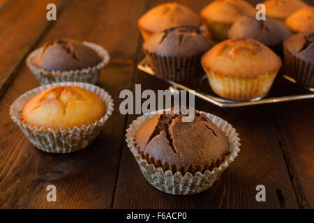 Vanilla and chocolate muffins on a dark wooden background, selective focus Stock Photo