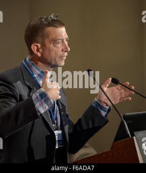 Rick Davis, assistant director for science and exploration, NASA Science Mission Directorate, speaks during the First Landing Site/Exploration Zone Workshop for Human Missions to the Surface of Mars held at the Lunar and Planetary Institute, Tuesday, Oct. 27, 2015, in Houston, Texas. The agency is hosting the workshop to collect proposals for locations on Mars that would be of high scientific research value while also providing natural resources to enable human explorers to land, live and work safely on the Red Planet. Photo Credit: (NASA/Bill Ingalls)