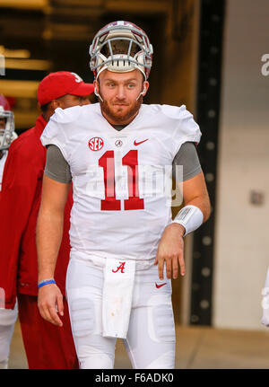 Starkville, MS, USA. 14th Nov, 2015. Alabama Crimson Tide quarterback Alec Morris (11) during the NCAA Football game between the Mississippi State Bulldogs and the Alabama Crimson Tide at Davis Wade Stadium in Starkville, MS. Chuck Lick/CSM/Alamy Live News Stock Photo