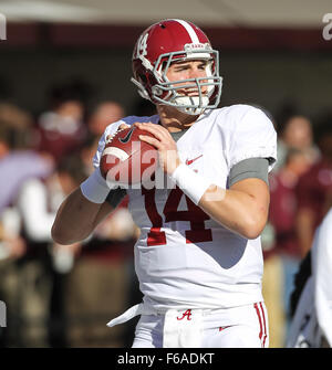 Starkville, MS, USA. 14th Nov, 2015. Alabama Crimson Tide quarterback Jake Coker (14) during the NCAA Football game between the Mississippi State Bulldogs and the Alabama Crimson Tide at Davis Wade Stadium in Starkville, MS. Chuck Lick/CSM/Alamy Live News Stock Photo
