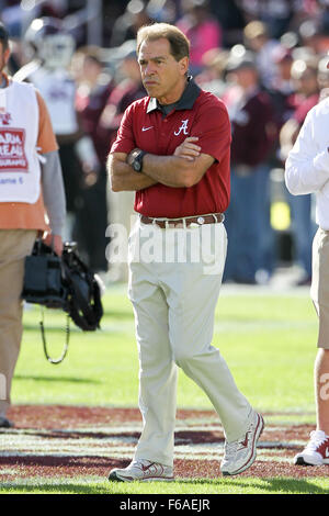 Starkville, MS, USA. 14th Nov, 2015. Alabama Crimson Tide head coach Nick Saban during the NCAA Football game between the Mississippi State Bulldogs and the Alabama Crimson Tide at Davis Wade Stadium in Starkville, MS. Chuck Lick/CSM/Alamy Live News Stock Photo