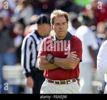 Starkville, MS, USA. 14th Nov, 2015. Alabama Crimson Tide head coach Nick Saban during the NCAA Football game between the Mississippi State Bulldogs and the Alabama Crimson Tide at Davis Wade Stadium in Starkville, MS. Chuck Lick/CSM/Alamy Live News Stock Photo