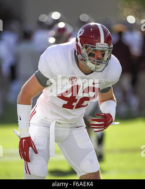 Starkville, MS, USA. 14th Nov, 2015. Alabama Crimson Tide linebacker Keith Holcombe (42) during the NCAA Football game between the Mississippi State Bulldogs and the Alabama Crimson Tide at Davis Wade Stadium in Starkville, MS. Chuck Lick/CSM/Alamy Live News Stock Photo