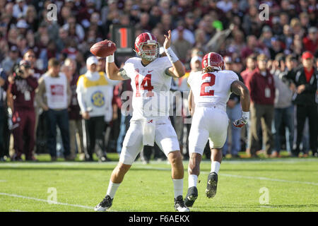 Starkville, MS, USA. 14th Nov, 2015. Alabama Crimson Tide quarterback Jake Coker (14) during the NCAA Football game between the Mississippi State Bulldogs and the Alabama Crimson Tide at Davis Wade Stadium in Starkville, MS. Chuck Lick/CSM/Alamy Live News Stock Photo