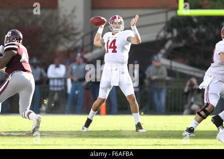 Starkville, MS, USA. 14th Nov, 2015. Alabama Crimson Tide quarterback Jake Coker (14) during the NCAA Football game between the Mississippi State Bulldogs and the Alabama Crimson Tide at Davis Wade Stadium in Starkville, MS. Chuck Lick/CSM/Alamy Live News Stock Photo