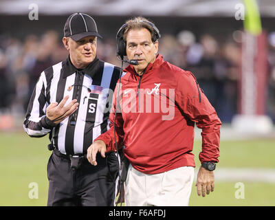 Starkville, MS, USA. 14th Nov, 2015. Alabama Crimson Tide head coach Nick Saban during the NCAA Football game between the Mississippi State Bulldogs and the Alabama Crimson Tide at Davis Wade Stadium in Starkville, MS. Chuck Lick/CSM/Alamy Live News Stock Photo