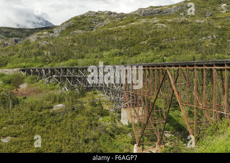 The White Pass and Yukon Route Railroad Bridge.  The railroad is linking the port of Skagway, Alaska, with Whitehorse, the capit Stock Photo