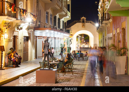 Night scene of outdoor cafes and street strollers in Campeche, Mexico. Stock Photo