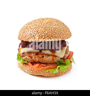 American burger with chicken and bacon, homemade barbecue sauce Stock Photo