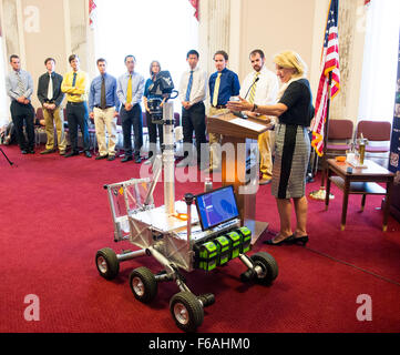 Senator Shelley Moore Capito (R-W.Va.)  speaks at an event to honor the winners of the 2015 Sample Return Robot Challenge, the Mountaineers team, on Monday, Sept. 21, 2015 at the Russell Senate Office Building in Washington, DC. The Mountaineers were awarded $100,000 in prize money for successfully completing Level 2 of the Sample Return Robot Challenge at Worcester Polytechnic Institute in Massachusetts June 10-12. Photo Credit: (NASA/Aubrey Gemignani). Stock Photo