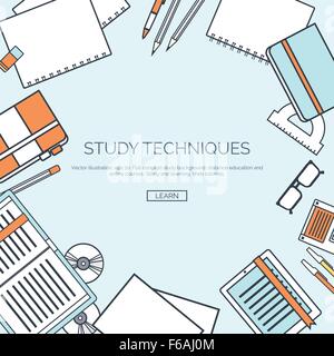 Vector illustration, lined. Flat backgrounds set. Distance education, learning. Online courses, web school. Knowledge, information. Study process. E-learning. Stock Vector