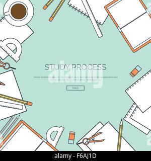 Vector illustration, lined. Flat backgrounds set. Distance education, learning. Online courses, web school. Knowledge, information. Study process. E-learning. Stock Vector