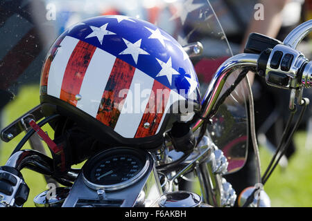 Stars and stripes Motorcycle Helmet on a Harley davidson Stock Photo