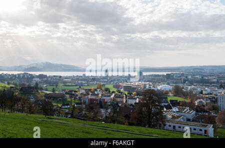 The Swiss city of Zug with Lake Zug in the background and Baar in the foreground. Stock Photo