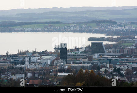 The Swiss city of Zug with 'Park-Tower' (left high-rise), the 'Uptown' building (right high-rise) and Lake Zug in the background Stock Photo