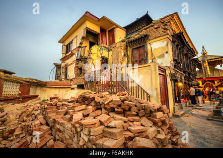 Swayambhunath temple damaged after the major earthquake on 25 April 2015 in Kathmandu, Nepal Stock Photo