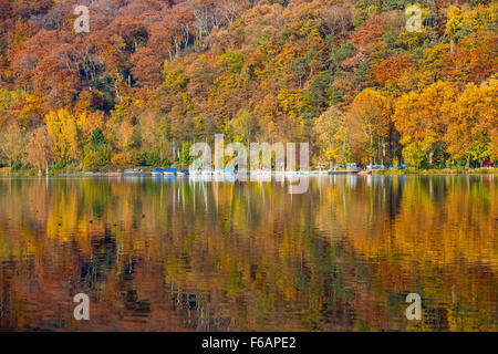 Baldeneysee lake, in Essen, Germany, fall, trees in autumn colors, winding tower of former coal mine Carl Funke, river Ruhr Stock Photo