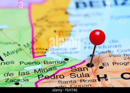 San Pedro Sula pinned on a map of America Stock Photo