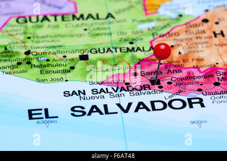 San Salvador pinned on a map of America Stock Photo