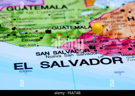 San Salvador pinned on a map of America Stock Photo