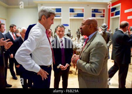 Secretary Kerry Speaks With Philadelphia Mayor Nutter After Speaking About Iranian Nuclear Deal at National Constitution Center Stock Photo