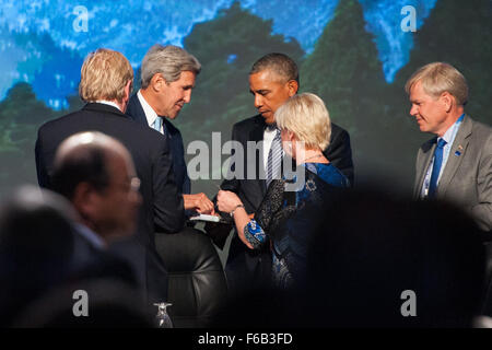 Secretary Kerry Chats With President Obama and Swedish Foreign Minister Wallstom at the Concluding Session of the GLACIER Conference in Anchorage Stock Photo