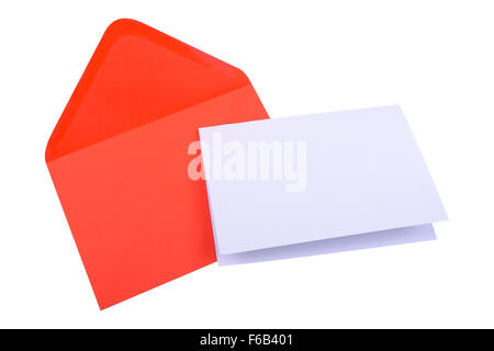 Opened red envelope with white paper isolated on a white background Stock Photo