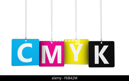 Cmyk digital offset printing and graphic design concept with colors and letter on tags 3d illustration. Stock Photo