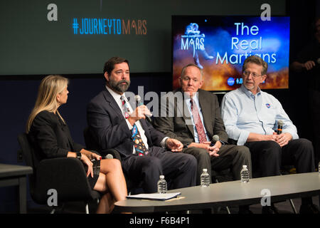 Greg Williams, deputy associate administrator, Human Exploration and Operations, NASA, speaks on a panel at 'The Real Martians' event with Dava Newman, left, Jeff Sheehy, second from right, and James Green, right, on Thursday, September 17, 2015 at NASA headquarters in Washington, DC. The event was held to acknowledge NASA staff that are contributing to scientific and technological advances that will enable the journey to Mars. Photo Credit: (NASA/Aubrey Gemignani). Stock Photo