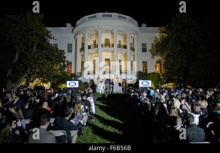 President Barack Obama delivers remarks during the second White House Astronomy Night on Monday, Oct. 19, 2015 The second White House Astronomy Night brought together students, teachers, scientists, and NASA astronauts for a night of stargazing and space-related educational activities to promote the importance of science, technology, engineering, and math (STEM) education. Photo Credit: (NASA/Joel Kowsky) Stock Photo