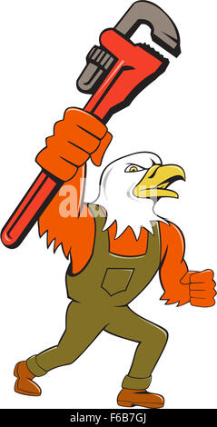 Illustration of an american bald eagle plumber holding monkey wrench looking to the side set on isolated white background done in cartoon style. Stock Photo