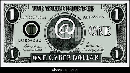 Etching engraving handmade style illustration of a play money for the world wide web or internet which shows a note of one cyber dollar. Stock Photo