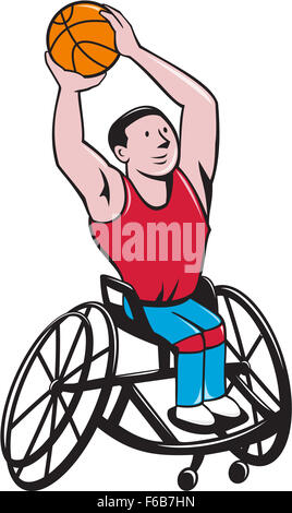 Illustration of a wheelchair basketball player shooting ball viewed from front set on isolated white background done in cartoon Stock Photo