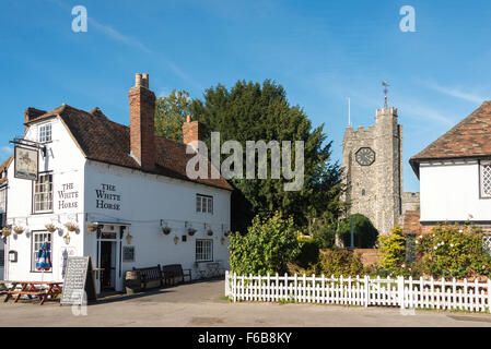 The White Horse Inn and St Mary's Church, Chilham Square, Chilham, Kent, England, United Kingdom