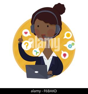 Vector illustration of Customer Support Help Desk African American  Woman Operator Service Concept in Black Suit Stock Vector