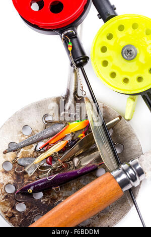 closeup ice fishing rods, tackles and equipment on white background Stock Photo