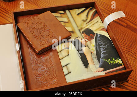 brown leather wedding photo book album Stock Photo