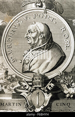 Pope Martin V (1369-1431). Born Otto Colonna. Pope from 1417-1431. Portrait. Engraving. Stock Photo