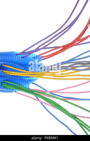 Colored electrical copper cables for electrician in corrugated pipe isolated over white background Stock Photo