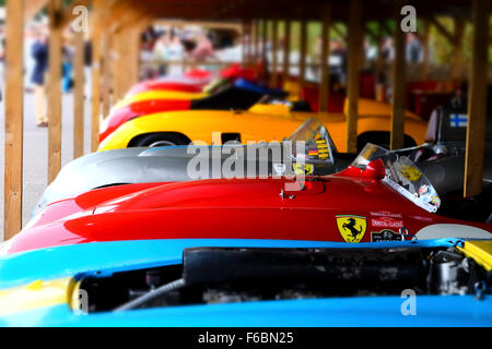 Atmosphere at the Goodwood Revival on 13/09/2015 at Goodwood MotorCircuit, Chichester.  A row of classic racing cars including Ferraris. Editors Note: This image was shot with an in-camera filter applied. Stock Photo