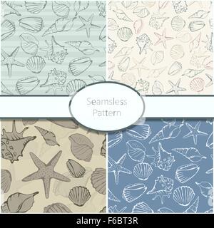 Set of 4 seamless patterns with shells. Vector illustration. Stock Vector