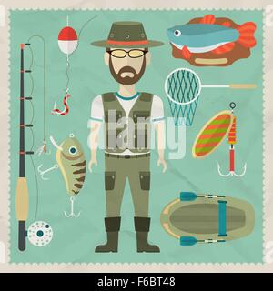 Fisherman flat character.  Fishing flat icons. Vector flat illustrations Stock Vector