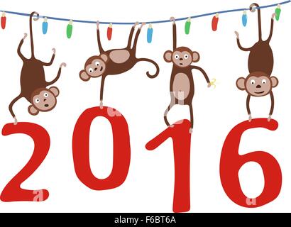 Monkey hanging on the Christmas garland and holding in the paws digits of 2016. Vector illustration. Stock Vector