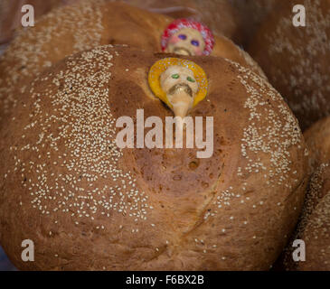 Traditional Mexican Bread called Bread of the Dead (Pan de Muerto) eaten during Day of the Dead festivities in Mexico. Stock Photo