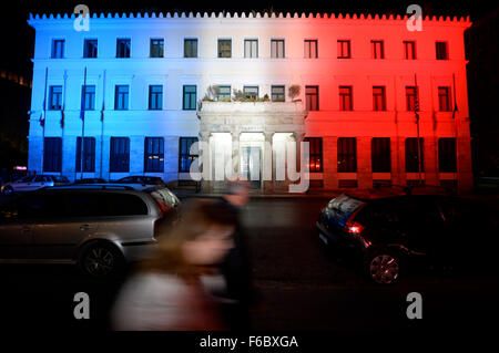 Bratislava, Slovakia. 14th Nov, 2015. The Athens Town Hall is lit up in the colors of the French flag in solidarity with France, after the Friday's attacks in Paris, in Bratislava, Slovakia, on Saturday, Nov. 14, 2015. © Martin Mikuta/CTK Photo/Alamy Live News Stock Photo