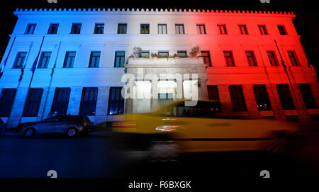 Bratislava, Slovakia. 14th Nov, 2015. The Athens Town Hall is lit up in the colors of the French flag in solidarity with France, after the Friday's attacks in Paris, in Bratislava, Slovakia, on Saturday, Nov. 14, 2015. © Martin Mikuta/CTK Photo/Alamy Live News Stock Photo